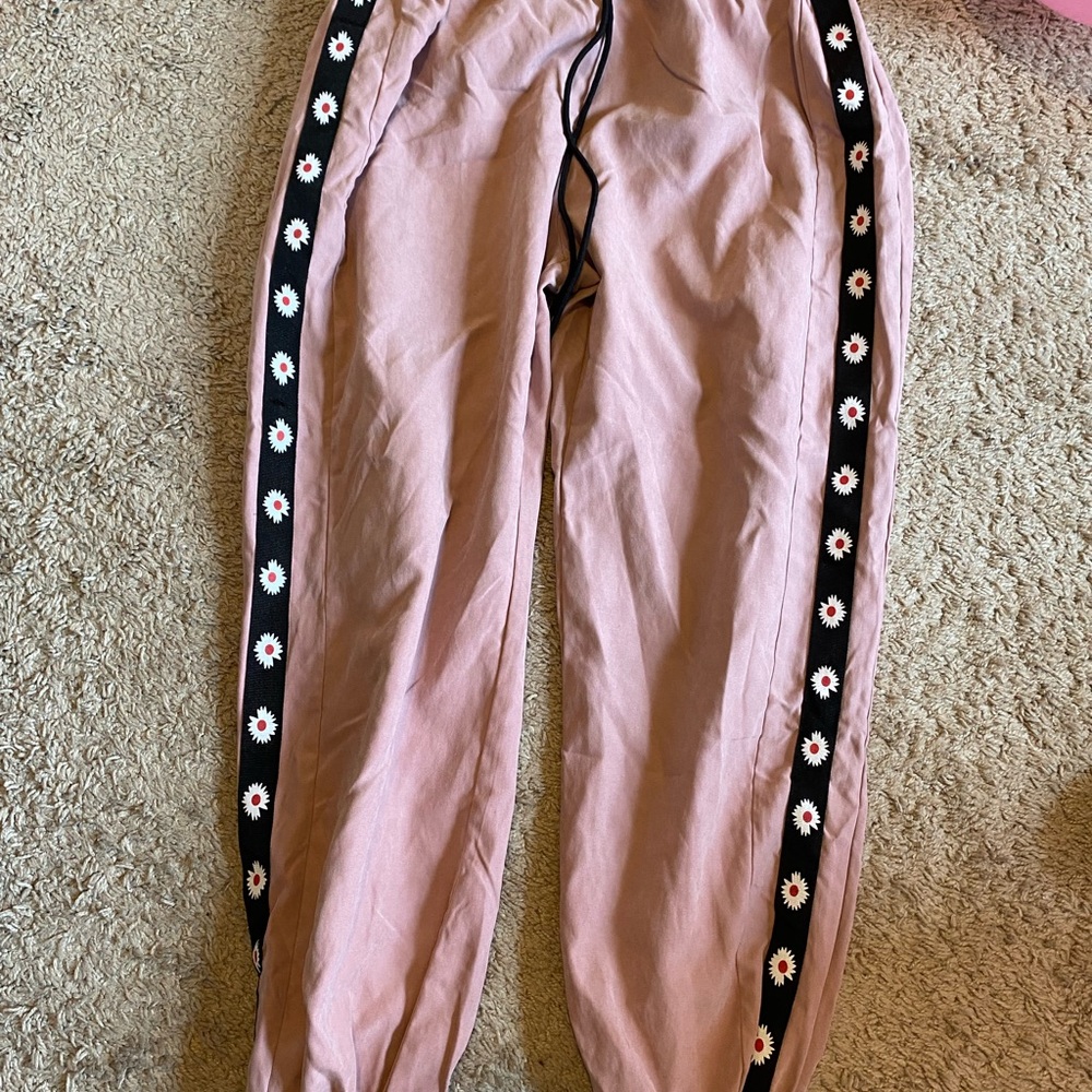Pink Kids Joggers with Floral Trim